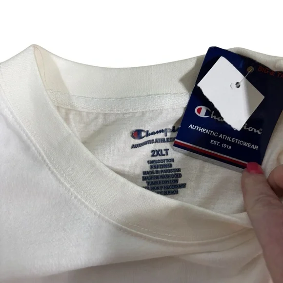 Champion Mens 2XLT White Script Logo Embroidered T-Shirt Big & Tall #482 - Picture 3 of 4